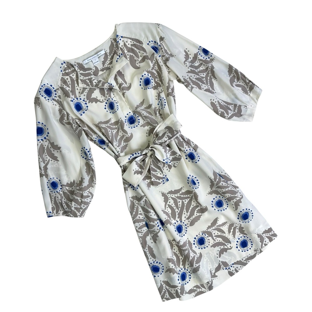 Diane Von Furstenberg Julieta Dress Silk Cobalt Floral Belted Tie Women 2 Ivory